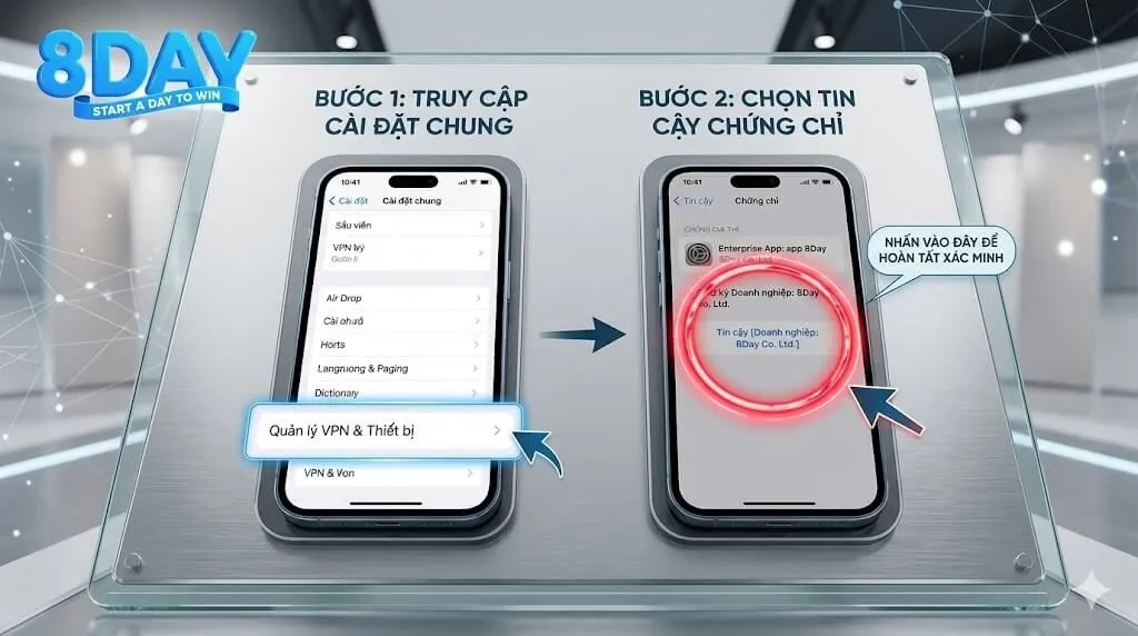 Hướng dẫn chi tiết cách cấp quyền tin cậy chứng chỉ ứng dụng doanh nghiệp để cài đặt app 8Day thành công trên iPhone iOS.