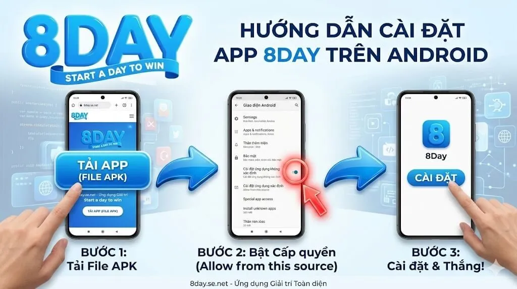Hướng dẫn các bước tải file APK và cấp quyền cài đặt ứng dụng 8Day không xác định trên hệ điều hành Android.